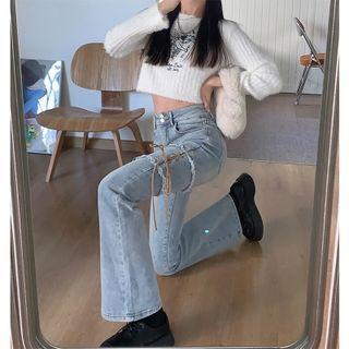 High Waist Lace-up Distressed Bootcut Jeans