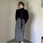 Turtle Neck Long-sleeve Plain T-shirt / Velvet Shrug Cardigan / High-waist Leopard Pattern Skirt