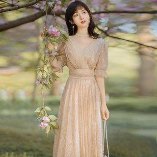 Long-sleeve / Short-sleeve V-neck Glitter Midi A-line Mesh Dress