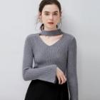 Bell-sleeve V Neck Cutout Plain Sweater