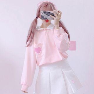 Heart Embroidered Polo Pullover Pink - One Size
