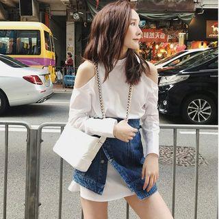 Cold Shoulder Long-sleeve Dress / Denim Skirt / Set