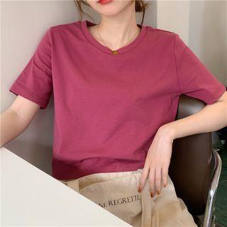 Short-sleeve Round Neck Plain Cropped T-shirt