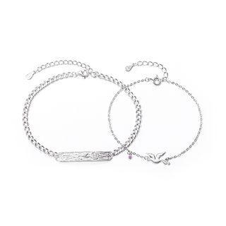 Bird Rose Sterling Silver Bracelet Set Of 2 - Silver - One Size