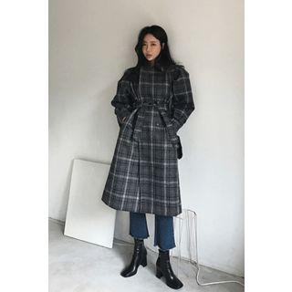 Puff-sleeve Long Check Coat