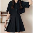 Short Sleeve V-neck Crop Top / A-line Skirt