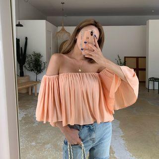 Off-shoulder Flare-sleeve Shirred Blouse
