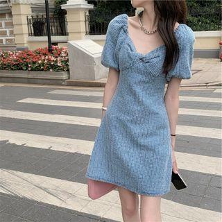 Puff-sleeve Bow A-line Denim Dress