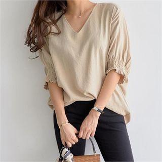 V-neck Smocked Elbow-sleeve Blouse