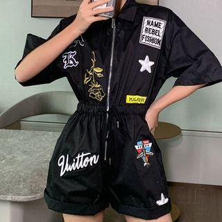 Embroidered Drawstring Elbow-sleeve Playsuit Black - One Size