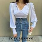 V Neck Plain Puff-sleeve Blouse