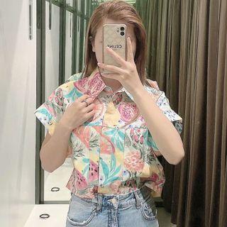 Short-sleeve Fruit Print Crop Shirt