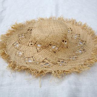 Fringed Straw Sun Hat Beige - One Size