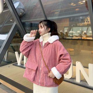 Fluffy Trim Corduroy Zip Jacket