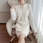 Plaid Long-sleeve Mini A-line Knit Dress