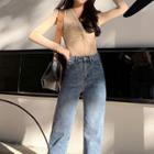 Long-sleeve V-neck Twisted T-shirt / Washed Straight Cut Jeans