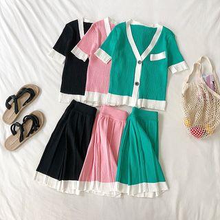 Set: Short-sleeve Knit Cardigan + Knit Pleated Skirt