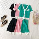 Set: Short-sleeve Knit Cardigan + Knit Pleated Skirt