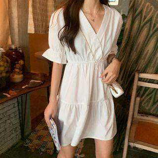 Plain Short-sleeve Wrap Mini A-line Dress