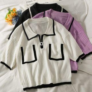 Collared Contrasted-trim Crop Knit Top In 5 Colors