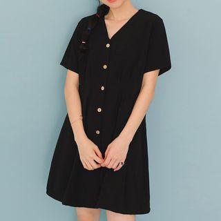V-neck Short-sleeve Plain Dress