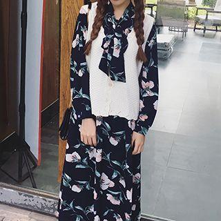 Floral Print Tie Neck Midi Chiffon Dress