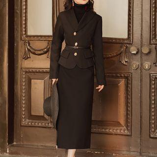 Set: Blazer + Midi A-line Skirt + Belt