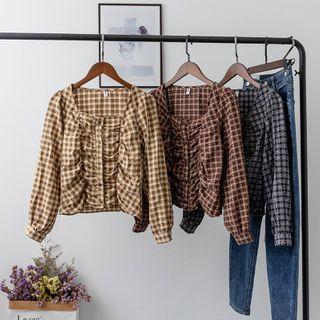 Plaid Long-sleeve Shirred Blouse