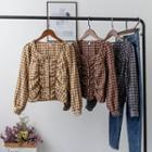 Plaid Long-sleeve Shirred Blouse