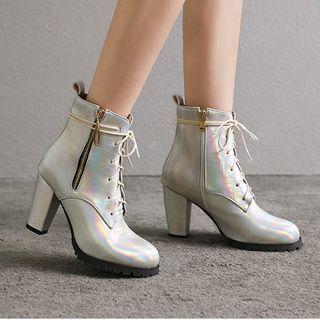 Pointed Plaid Lace Up Block Heel Short Boots