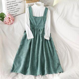 Plain Mock-neck Long-sleeve Top / Corduroy Jumper Dress