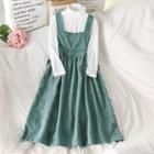 Plain Mock-neck Long-sleeve Top / Corduroy Jumper Dress