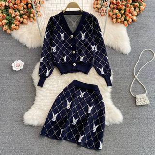 Set: Rabbit & Argyle Knit Cardigan + Skirt Blue - One Size