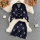 Set: Rabbit & Argyle Knit Cardigan + Skirt Blue - One Size