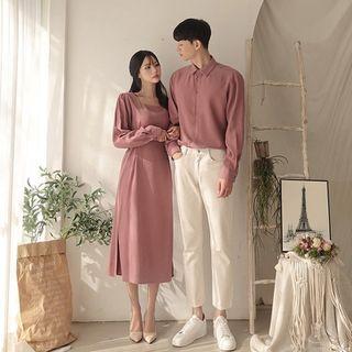 Couple Matching Puff-sleeve Midi A-line Dress / Shirt / Straight Leg Pants
