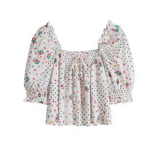 Dot & Floral Print Off Shoulder Blouse