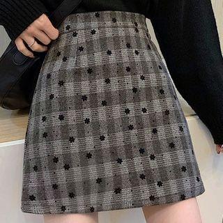 Plaid Floral Pattern A-line Semi-body Miniskirt