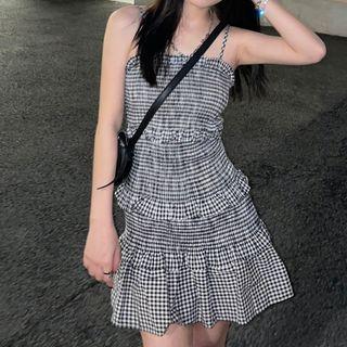 Spaghetti Strap Plaid A-line Dress Gingham - Black - One Size