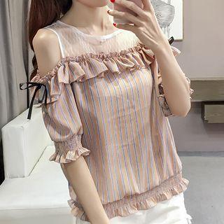 Mesh Panel Cold Shoulder Striped Elbow-sleeve Top