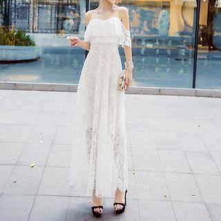 Elbow-sleeve Cold Shoulder Lace A-line Maxi Dress