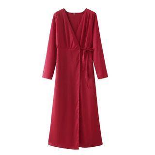 Long-sleeve Sashed Midi Wrap Dress