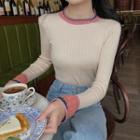 Color-block Mock-neck Slim-fit Long-sleeve Knit Sweater