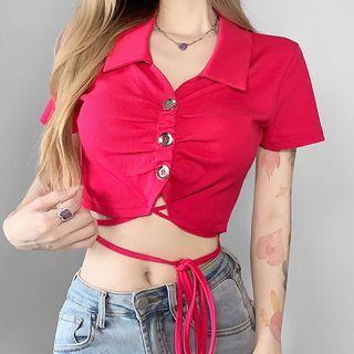 Short-sleeve Collar Button-up Tie-waist Crop Top
