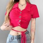 Short-sleeve Collar Button-up Tie-waist Crop Top