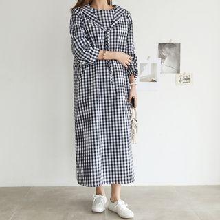 Sailor-collar Gingham Long Dress Navy Blue - One Size