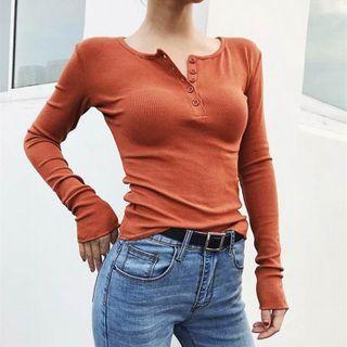 Plain Long-sleeve Half-button Ribbed T-shirt