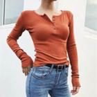 Plain Long-sleeve Half-button Ribbed T-shirt