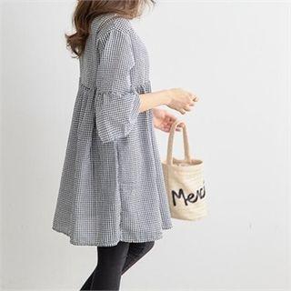 Round-neck Flare-hem Check Blouse