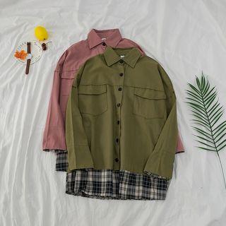 Mock Two-piece Check Trim Shirt