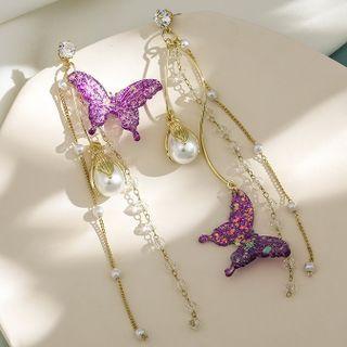 Butterfly Faux Pearl Asymmetrical Fringed Earring